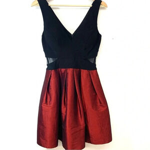Xscape Dress‎ 4 Flare Shimmer Red Black  Pleats Mesh Cut Out Pockets Party Sexy